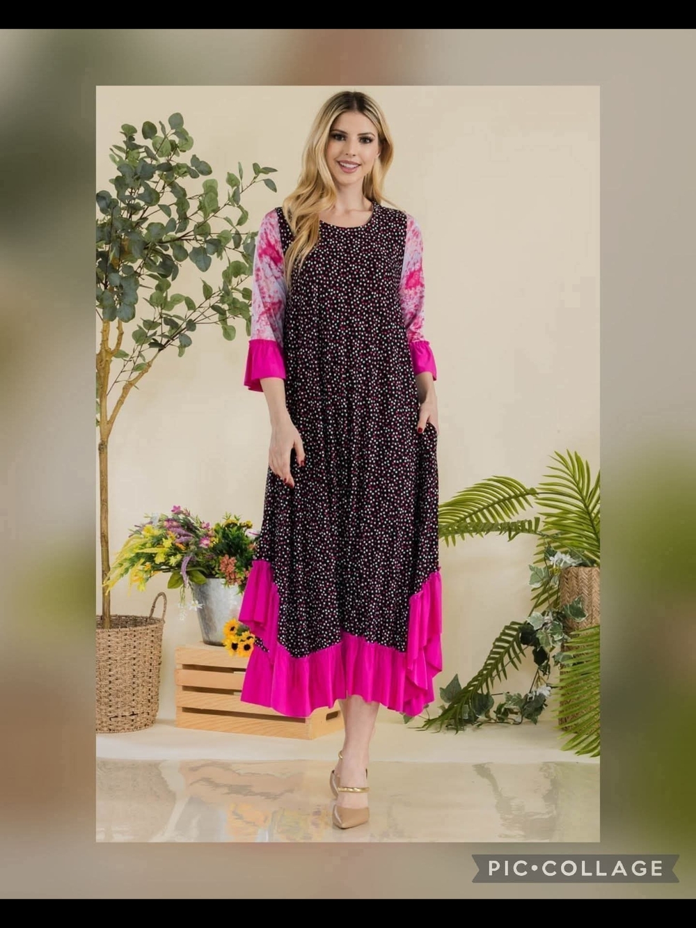 Celeste Black Maxi Dress with Hot Pink Accents